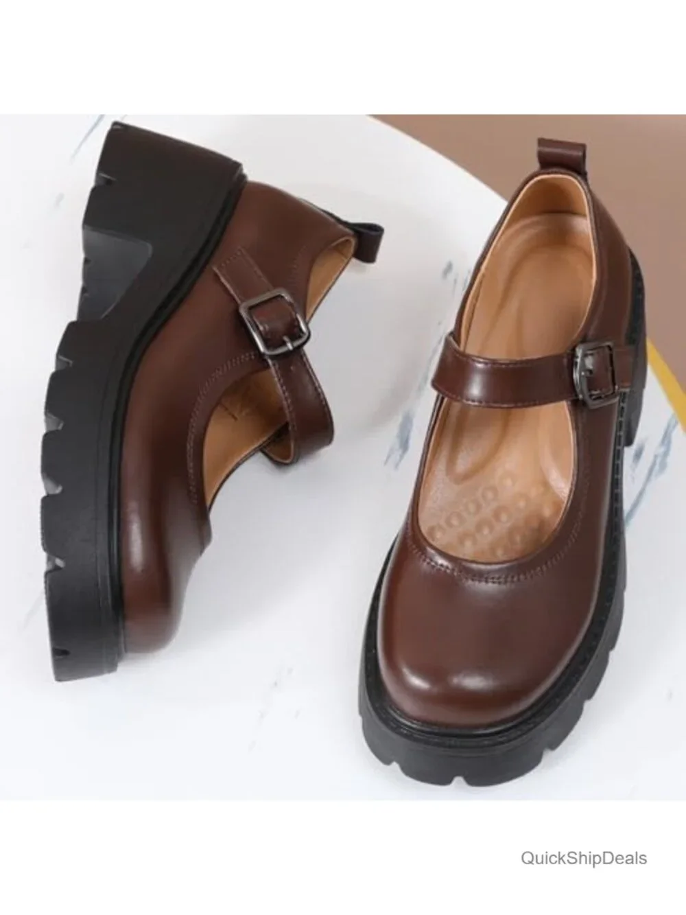 Women's Chunky Platform Mary Jane Pumps Leather Round Toe Block Heel